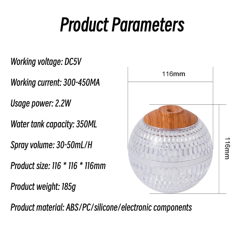 350ml Crystal Ball Air Humidifier USB Portable Fragrance Diffuser Colorful LED Light Ultrasonic Cool Mist Maker Aroma Humidifier